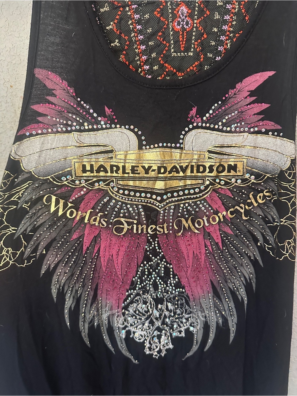 Harley-Davidson Black Top with Red, Pink and Gold Embroidery